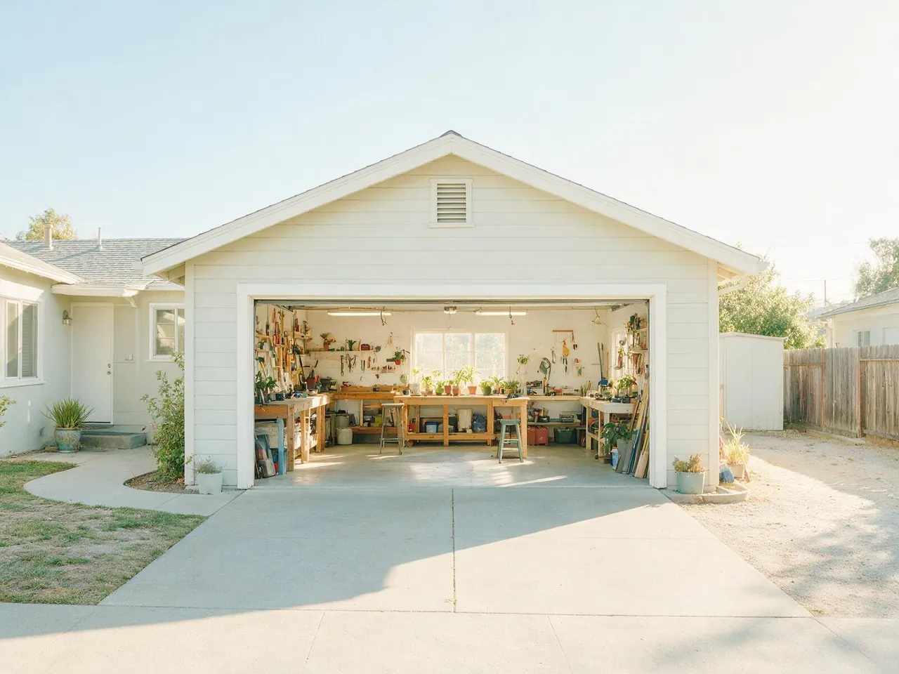 A home with its garage converted to a bright workshop