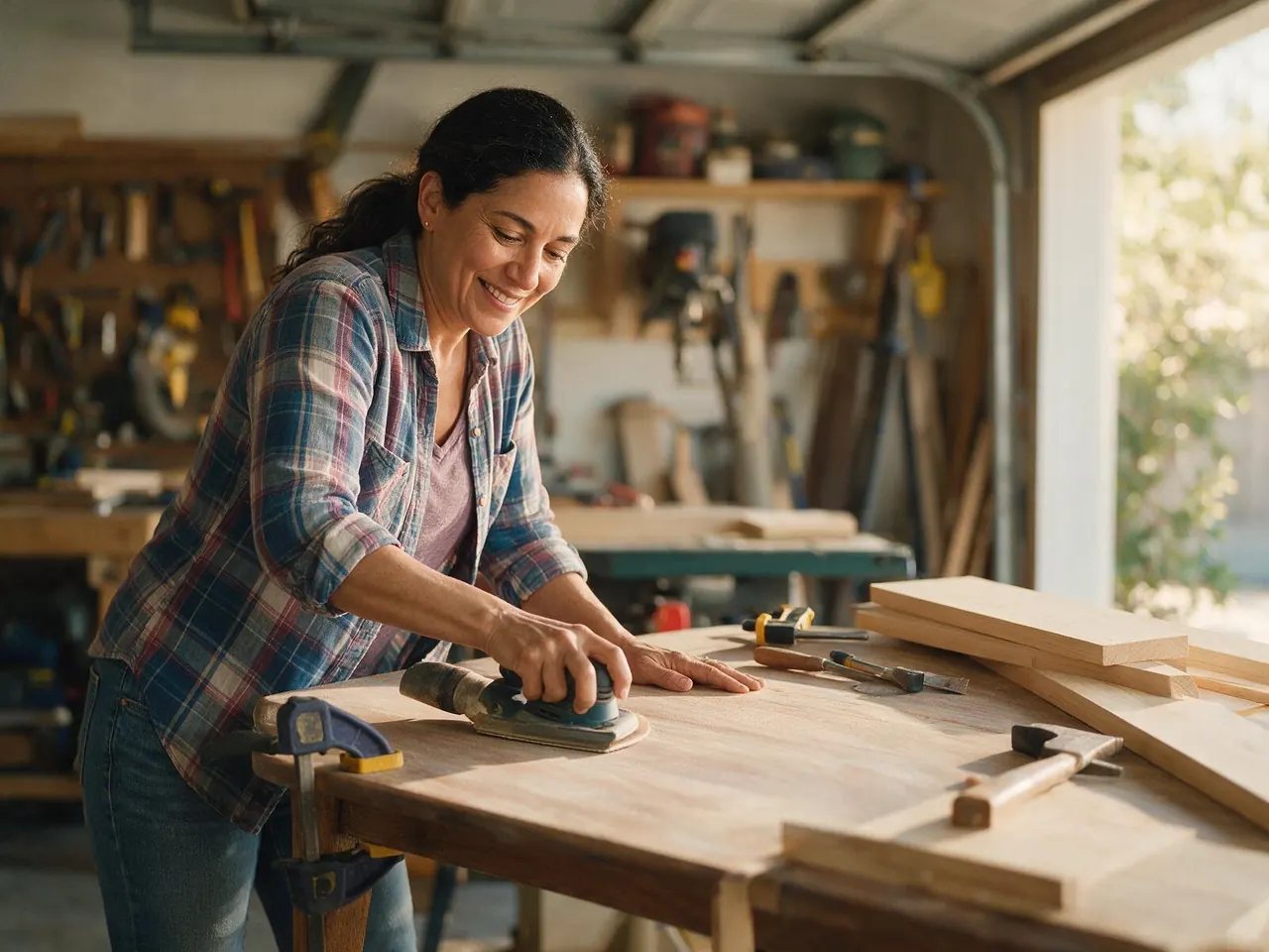 A woman sanding a tabletop in her home woodshop