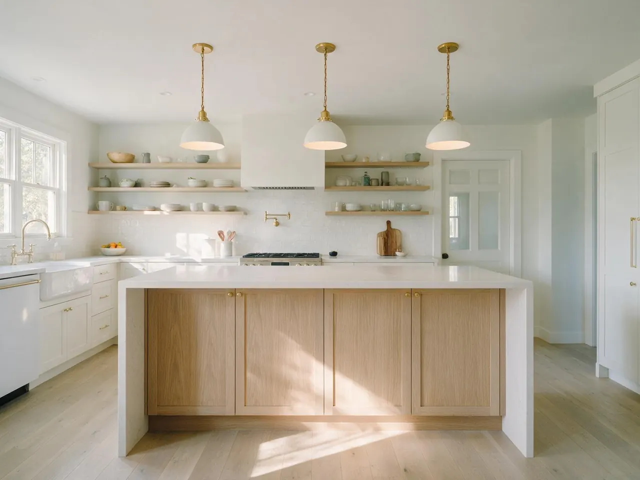 A freshly renovated kitchen with a large island and pendant lights