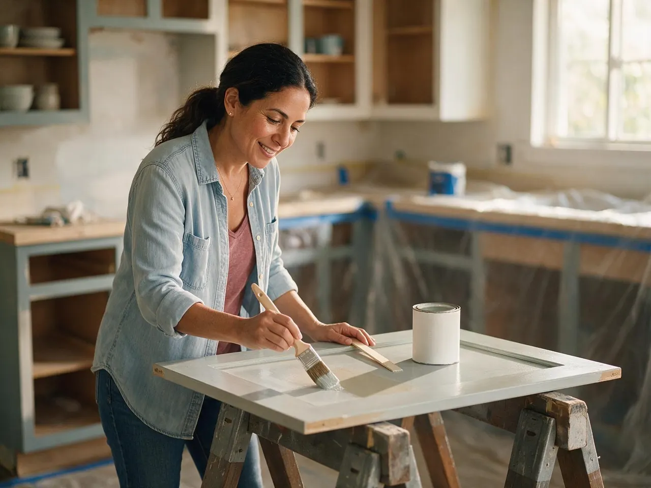 A woman painting a kitchen cabinet door on sawhorses