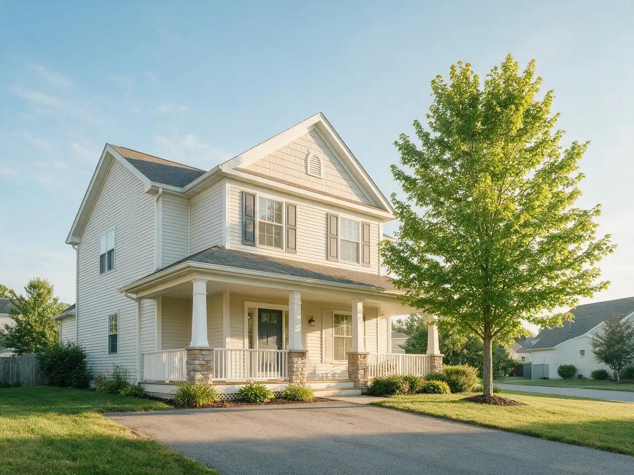 A two-story suburban home with a covered porch and a maple tree