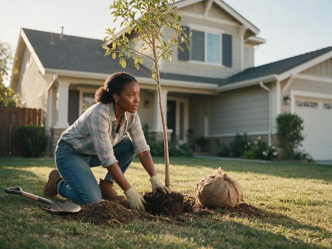 A woman planting a young tree in the front yard of her home