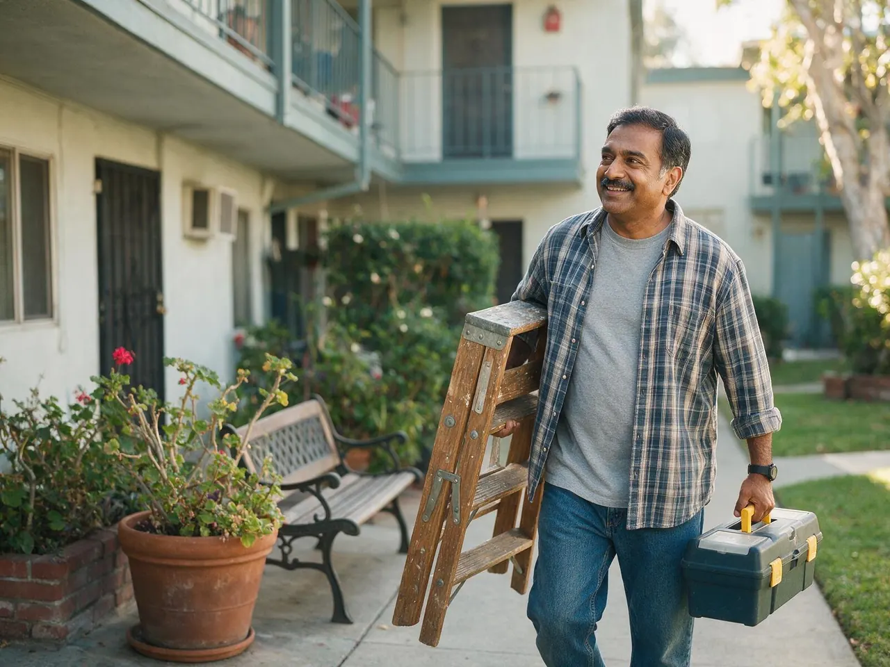 A man carrying a stepladder and a toolbox through an apartment courtyard