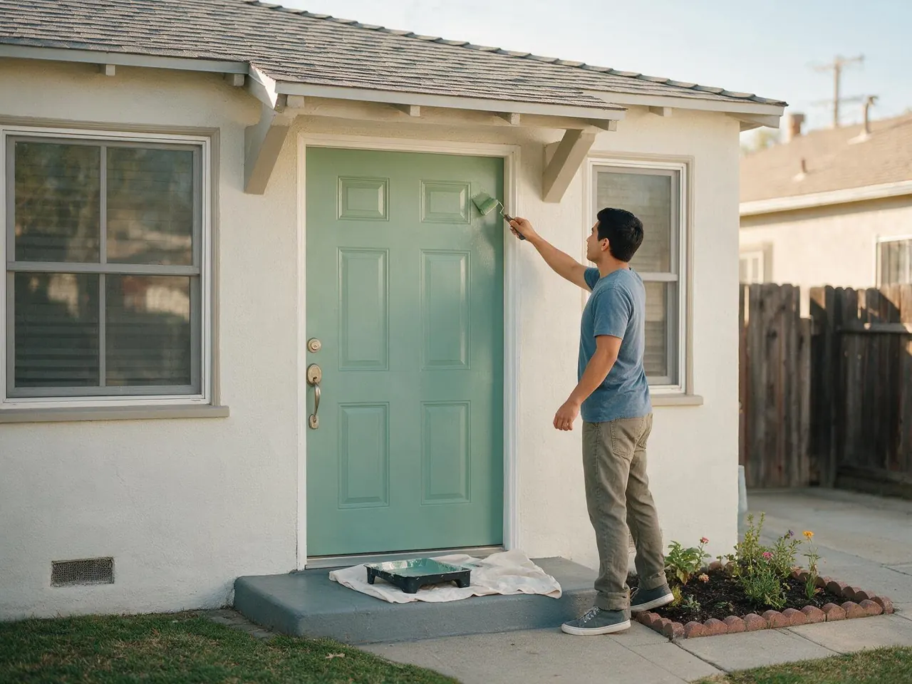 A man painting the front door of a small bungalow