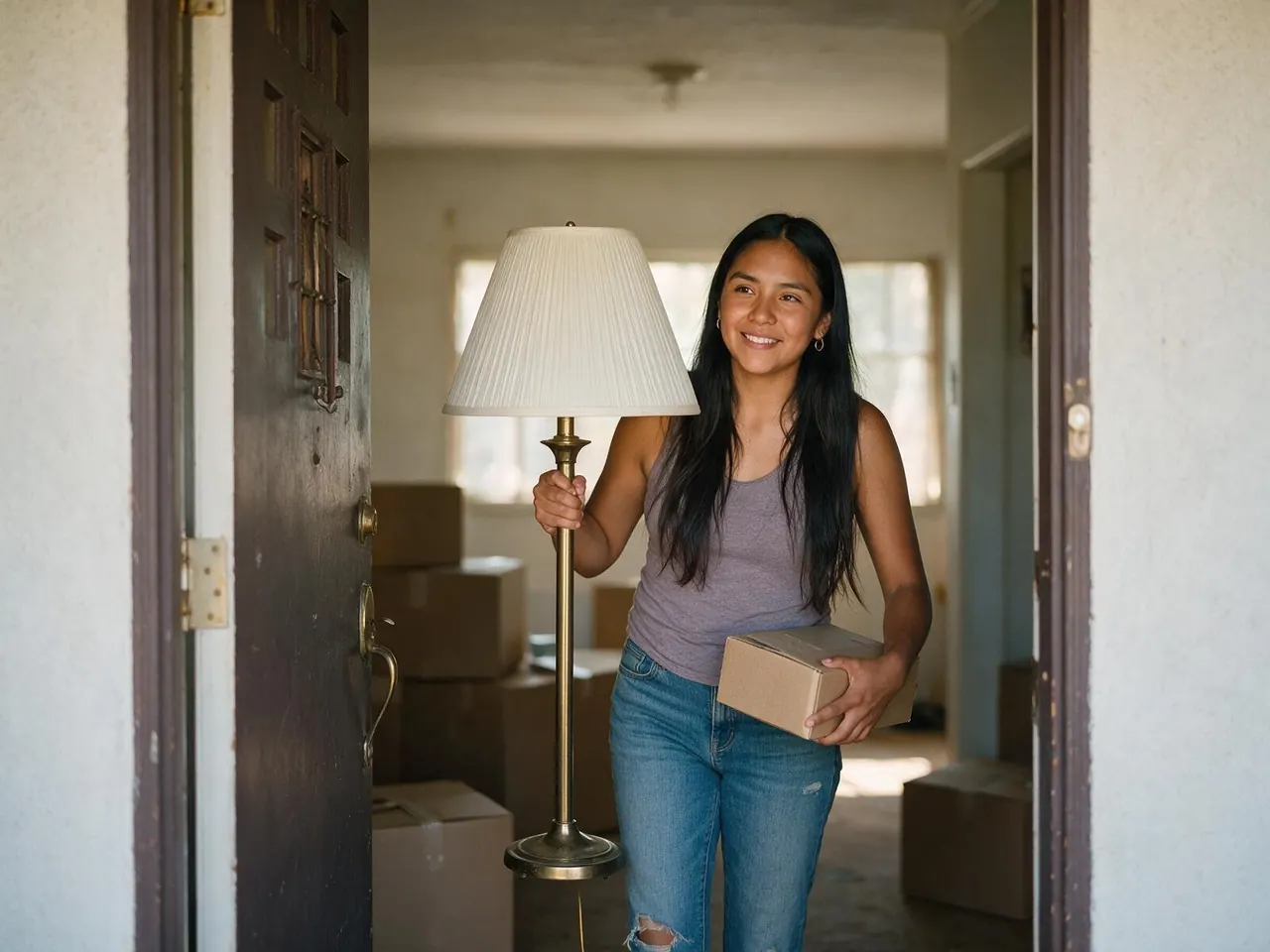 A young woman carrying a lamp and a box into her new home