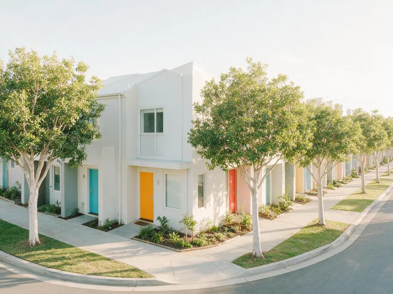 A row of small townhomes with bright front doors