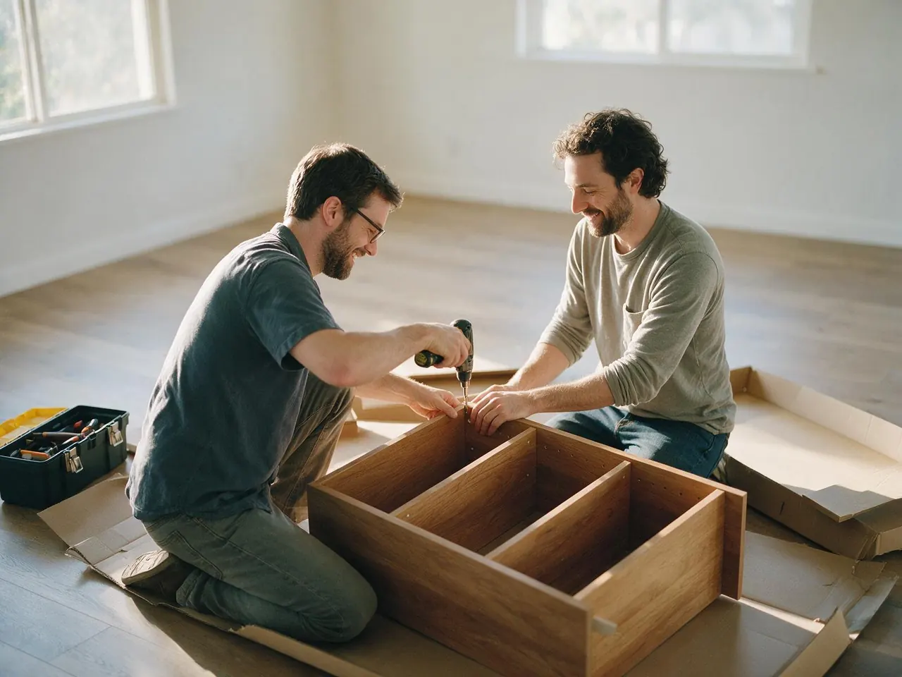 Two men assembling a bookshelf in an empty living room