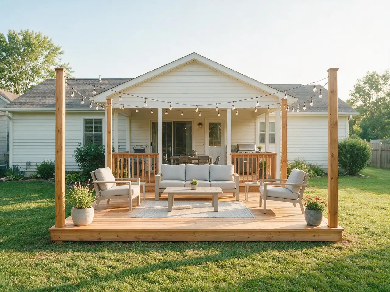 A new cedar backyard deck with outdoor furniture and string lights