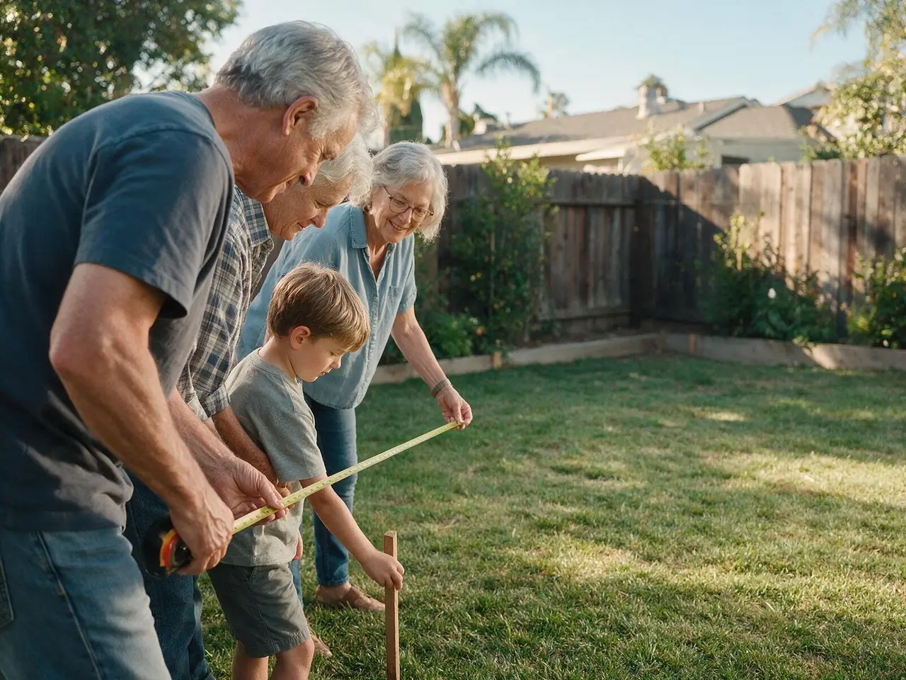 A family measuring a corner of their backyard for a new project