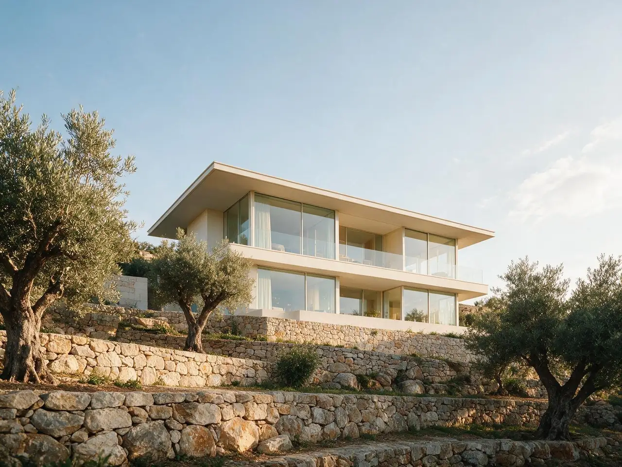 A large modern hillside home with glass walls and olive trees