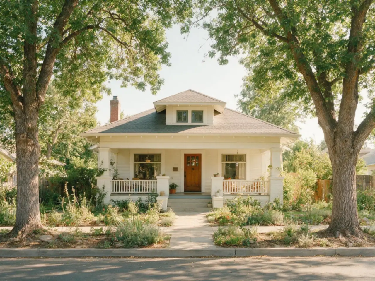 An established craftsman home with a deep porch and shade trees