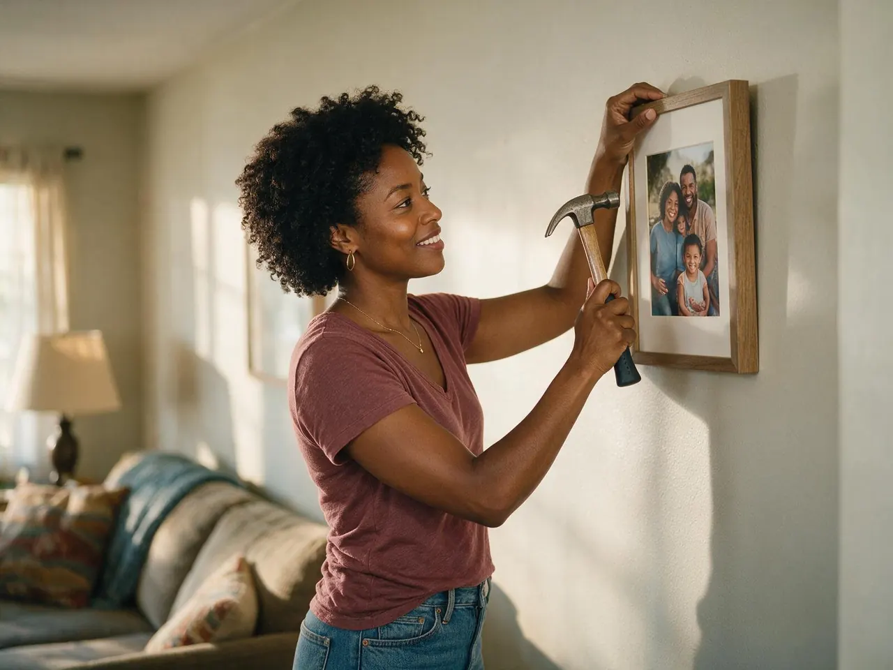 A woman hanging a family photograph in her living room