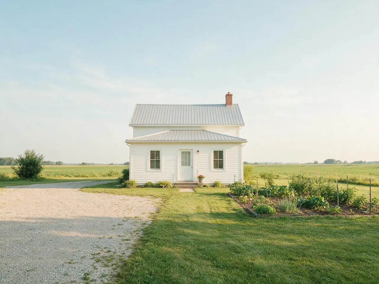 A small white farmhouse among open green fields