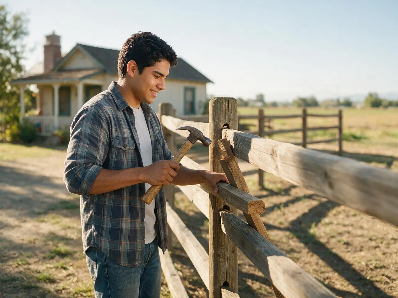 A man repairing a split-rail fence on a country lot