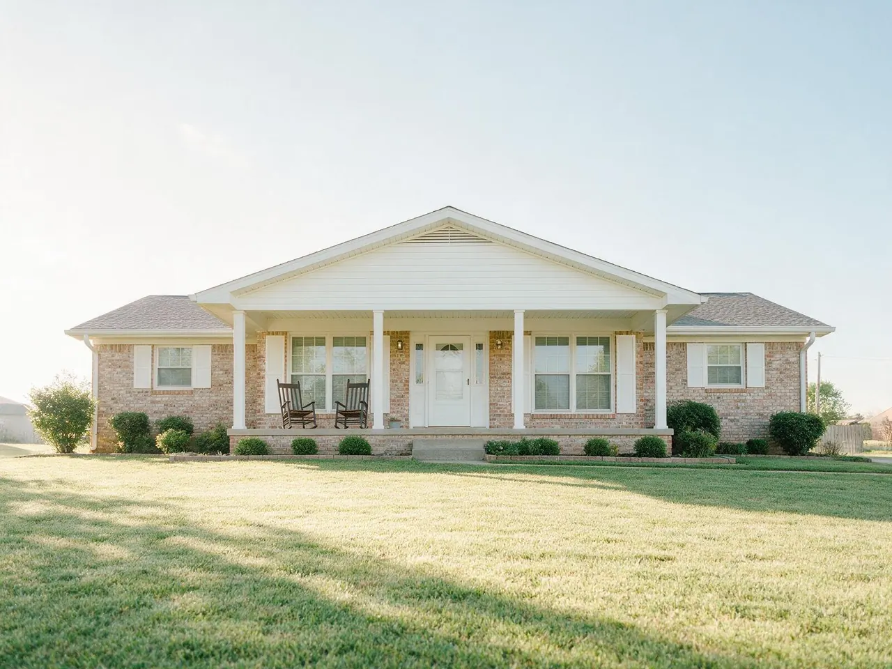 A single-story brick ranch home with a wide covered porch